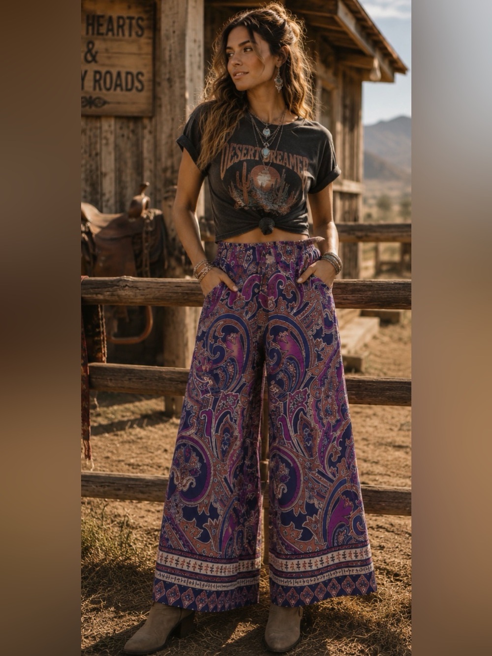 New‼️ Umgee 💜 Purple Mix Paisley Wide Leg Boho Pants NWT Boutique - Picture 3 of 6